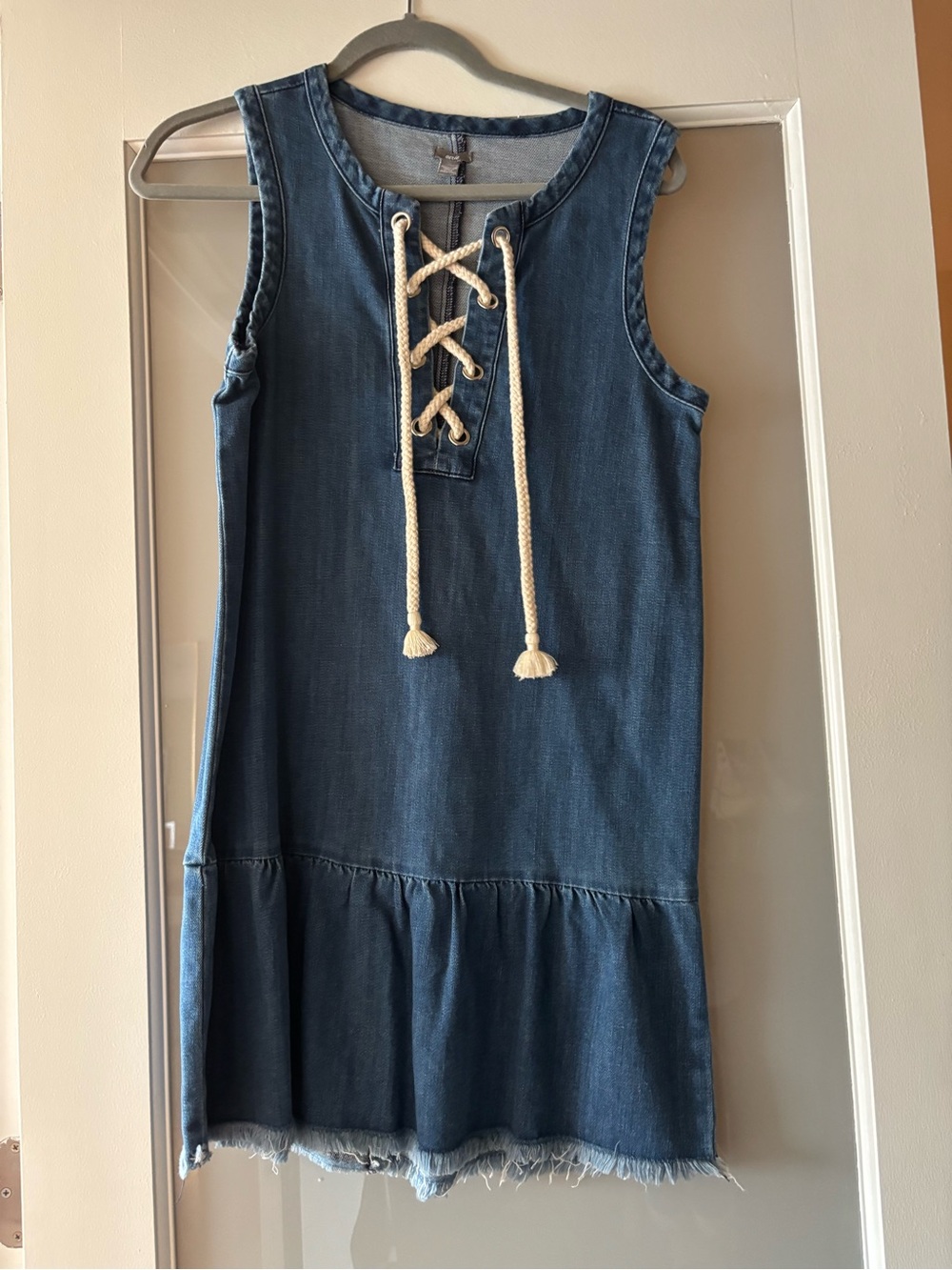 aerie Denim Lace-Up Tank Dress - Blue with Cream Drawcords